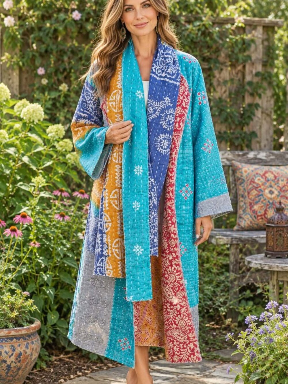 Women Handmade Bright Blue Kantha Duster Open Front Kimono & Scarf!